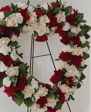 Load image into Gallery viewer, Red and White roses Heart Sympathy Wreath
